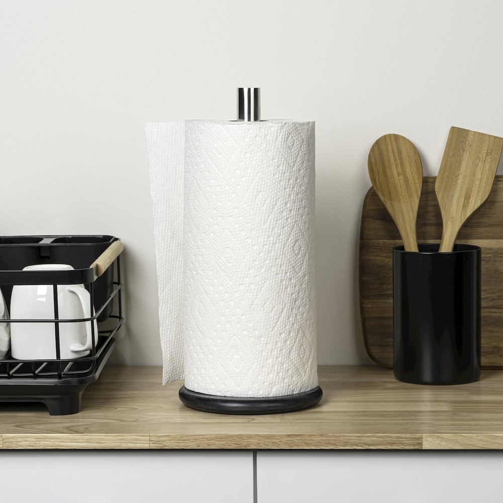 Avery Metal with Non Slip Weighted Marble Base Paper Towel Holder, Black/Chrome. Picture 5