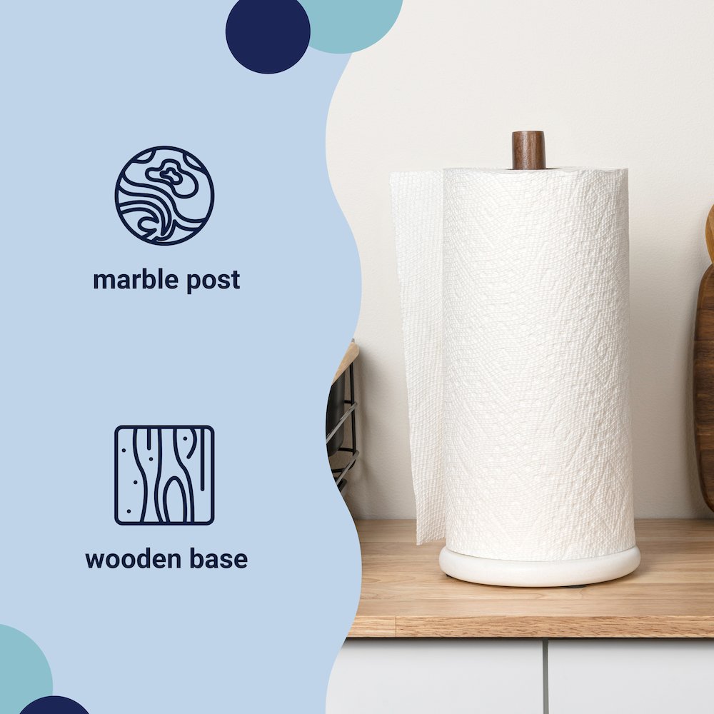 Avery Wood with Non Slip Weighted Marble Base Paper Towel Holder, White/Natural. Picture 5