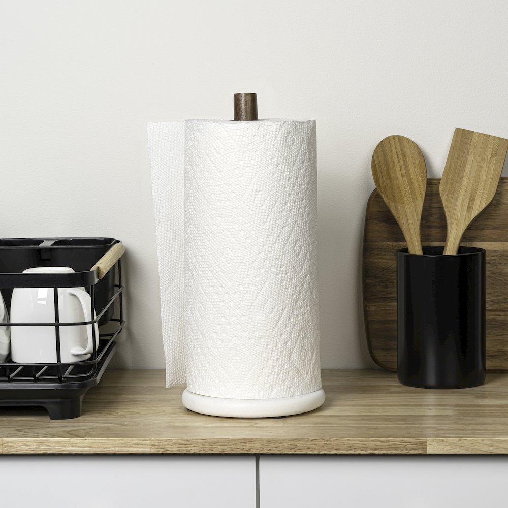 Avery Wood with Non Slip Weighted Marble Base Paper Towel Holder, White/Natural. Picture 6
