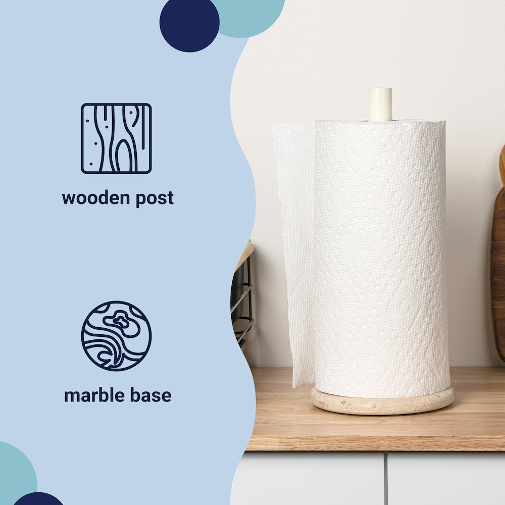 Avery Metal with Non Slip Weighted Marble Base Paper Towel Holder, Beige/White. Picture 5