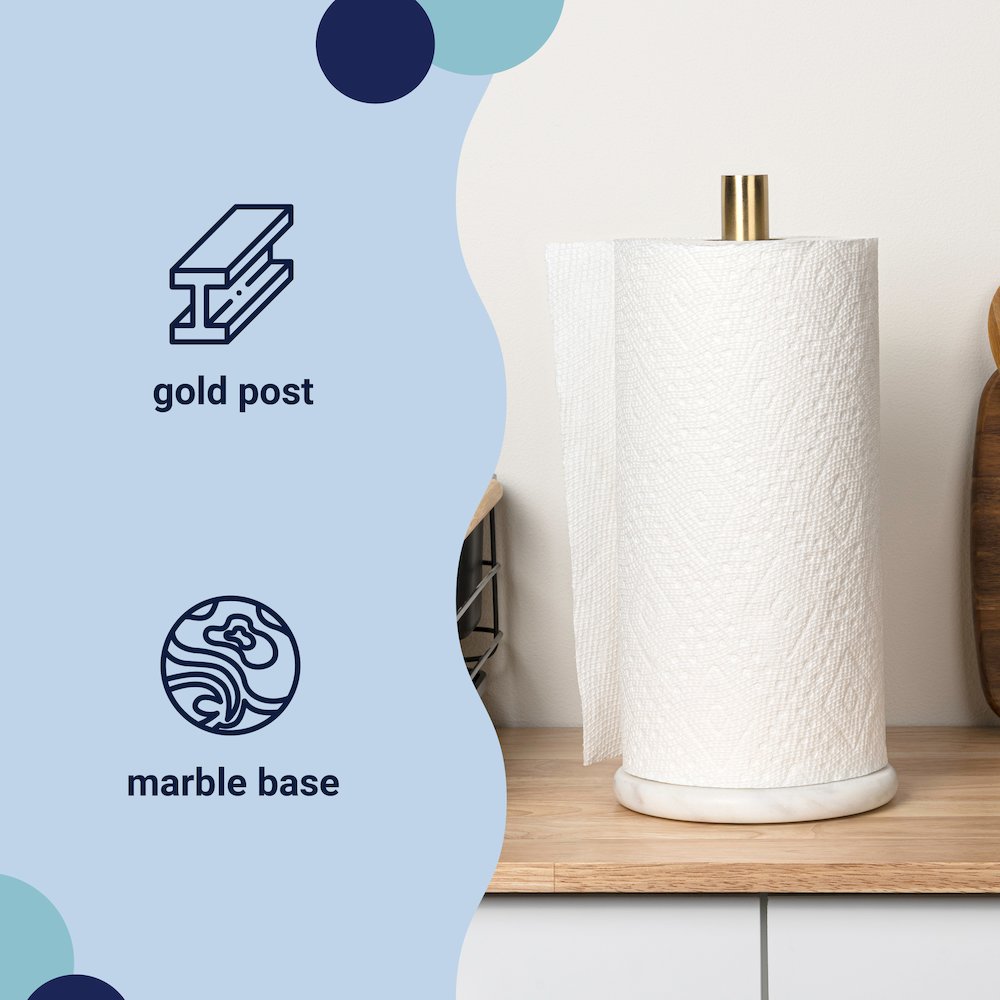 Avery Metal with Non Slip Weighted Marble Base Paper Towel Holder, White/Gold. Picture 5