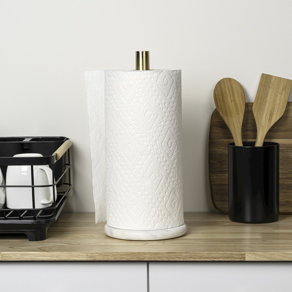 Avery Metal with Non Slip Weighted Marble Base Paper Towel Holder, White/Gold. Picture 6