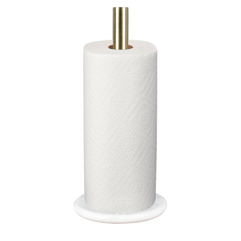 Avery Metal with Non Slip Weighted Marble Base Paper Towel Holder, White/Gold. Picture 3