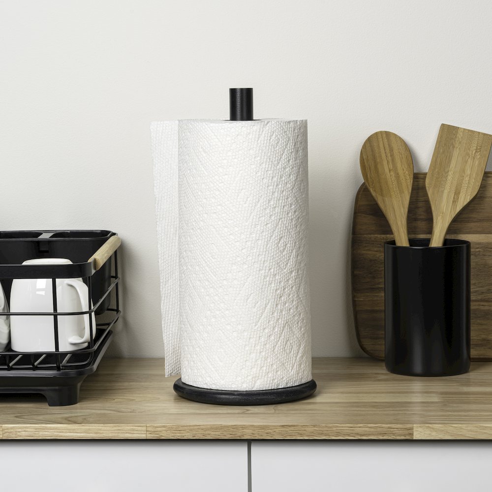 Avery Modern Metal with Non Slip Weighted Wood Base Paper Towel Holder, Black. Picture 6