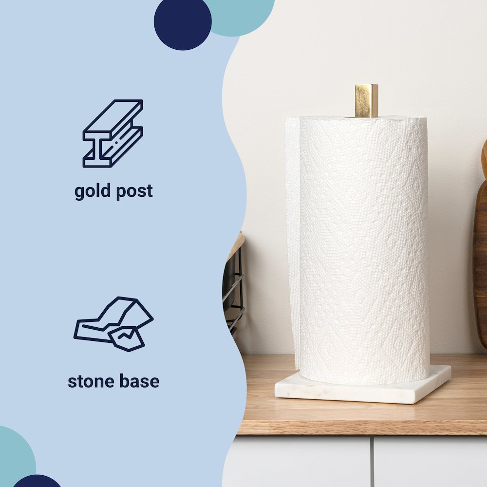 Jules Glam Square Metal Weighted Marble Base Paper Towel Holder, Gold/White. Picture 5