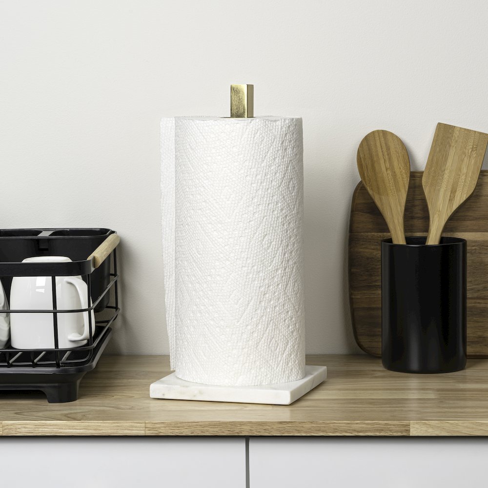 Jules Glam Square Metal Weighted Marble Base Paper Towel Holder, Gold/White. Picture 6