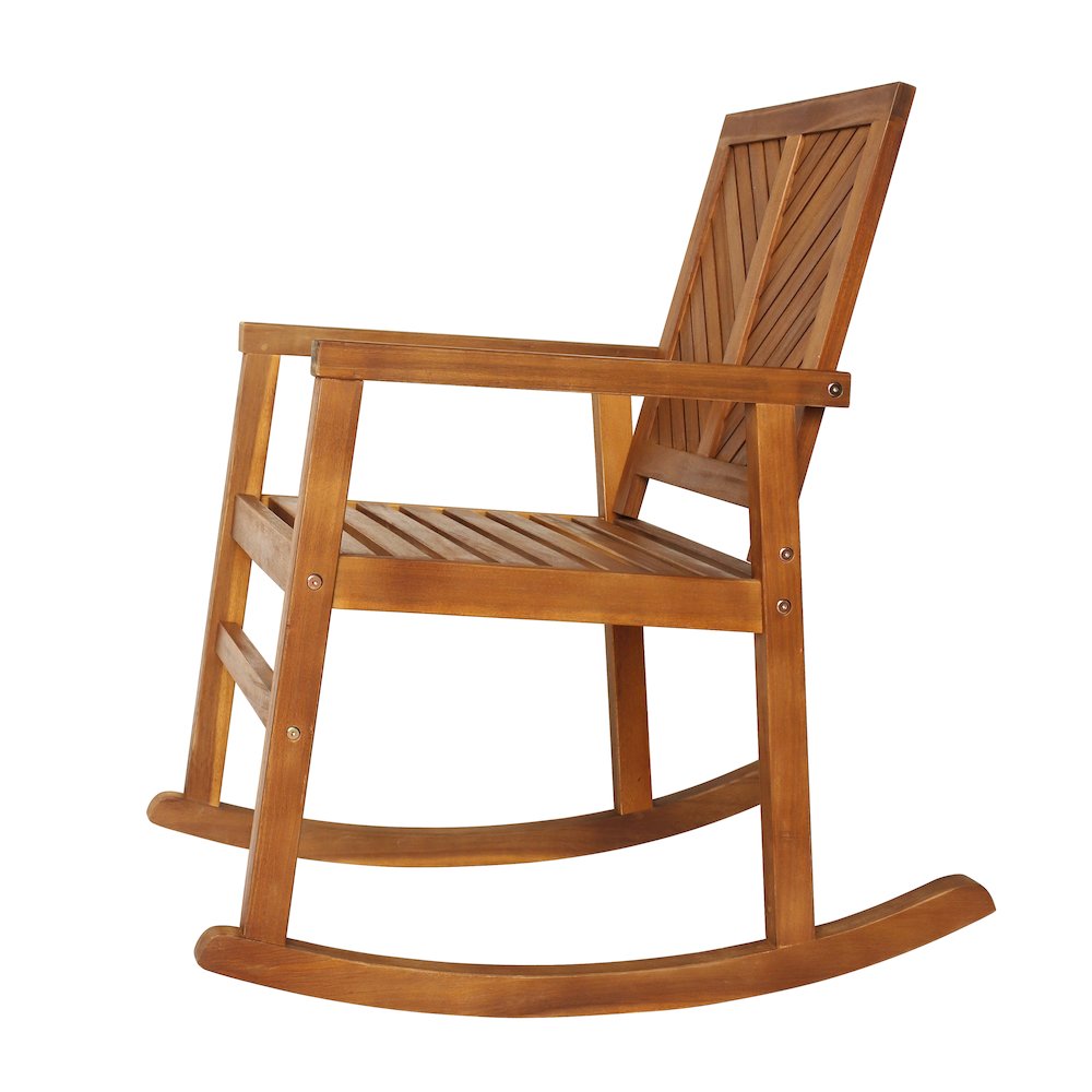 Ned Modern Chevron Back Acacia Wood Patio Outdoor Rocking Chair. Picture 3