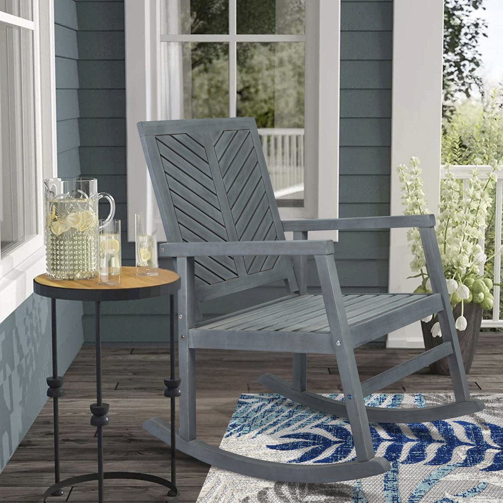Ned Farmhouse Chevron Solid Acacia Wood Outdoor Rocking Chair. Picture 5