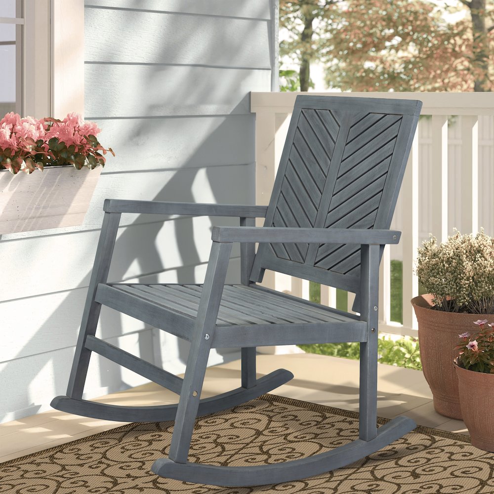 Ned Farmhouse Chevron Solid Acacia Wood Outdoor Rocking Chair. Picture 6