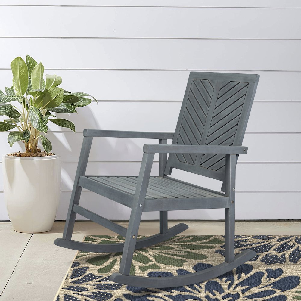 Ned Farmhouse Chevron Solid Acacia Wood Outdoor Rocking Chair. Picture 7