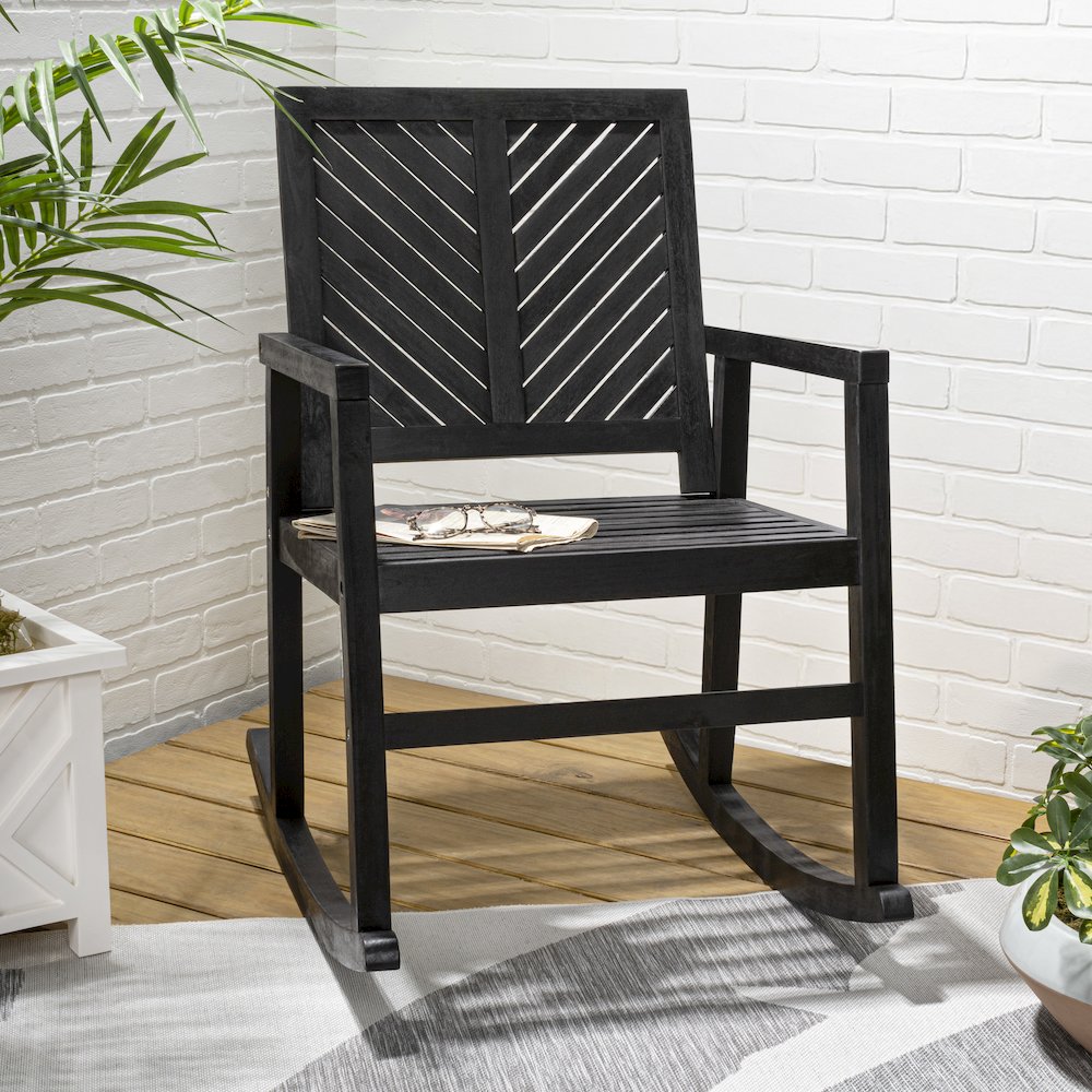 Ned Farmhouse Chevron Solid Acacia Wood Outdoor Rocking Chair. Picture 2