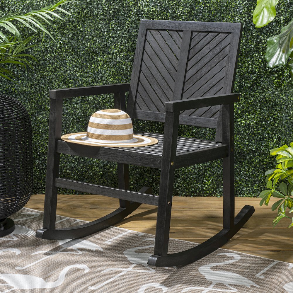 Ned Farmhouse Chevron Solid Acacia Wood Outdoor Rocking Chair. Picture 3
