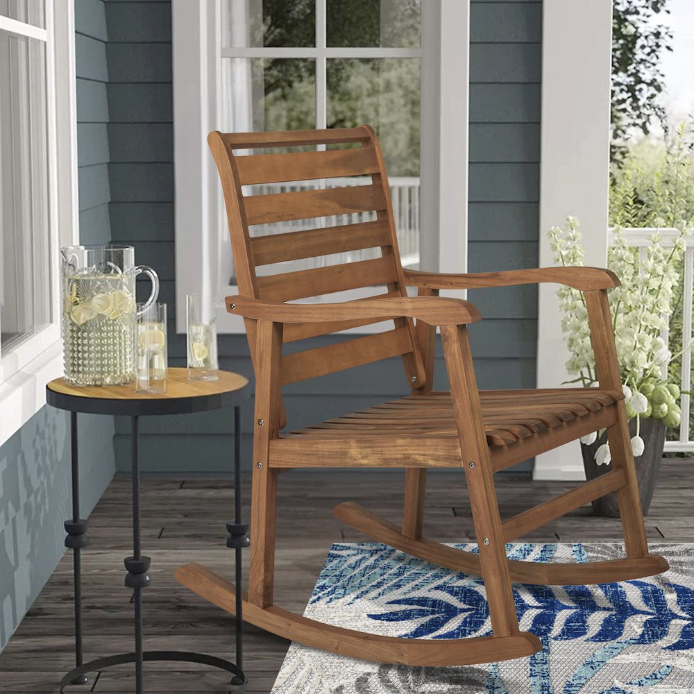 Carey Classic Solid Acacia Wood Slat-Back Outdoor Rocking Chair in Teak Finish. Picture 5