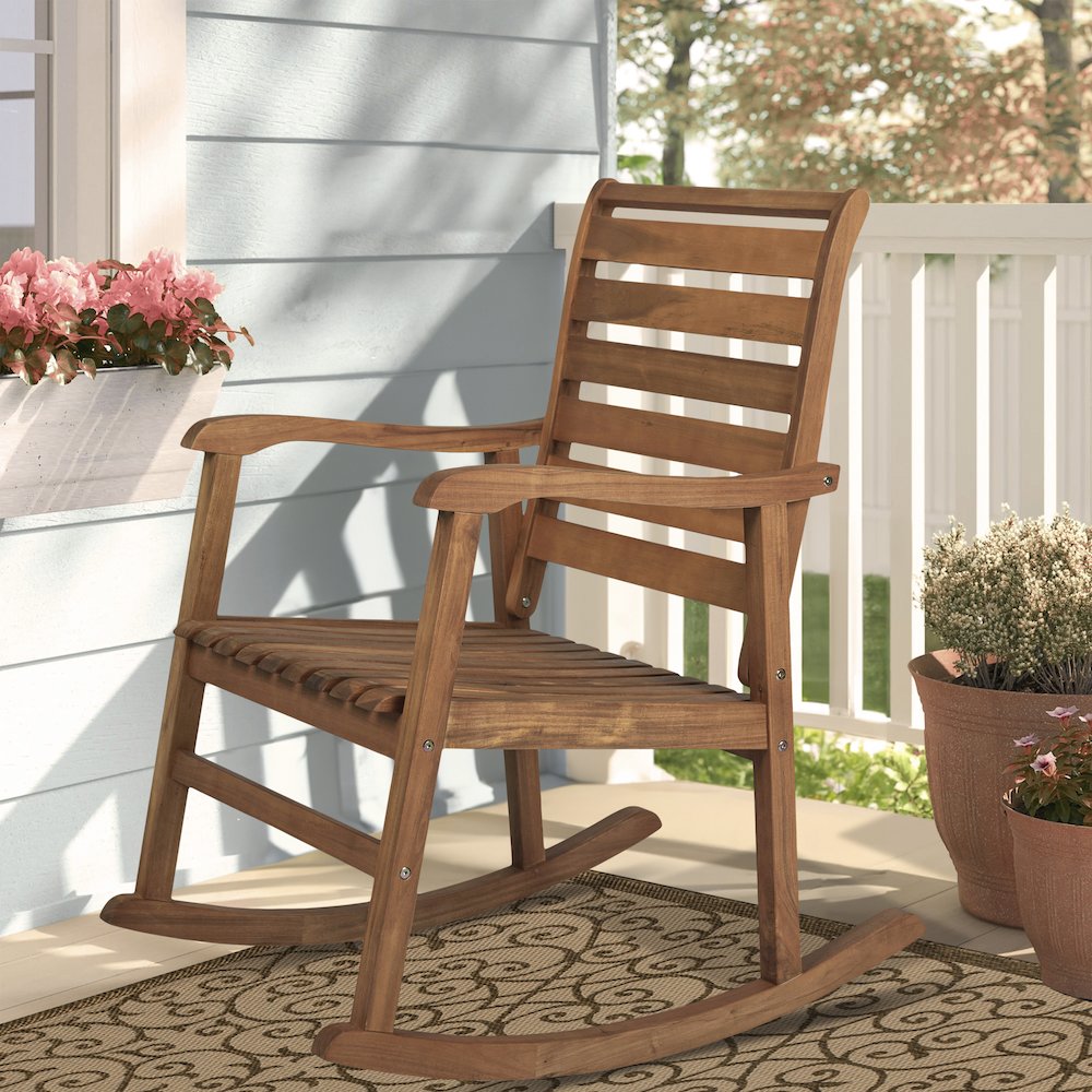 Carey Classic Solid Acacia Wood Slat-Back Outdoor Rocking Chair in Teak Finish. Picture 6