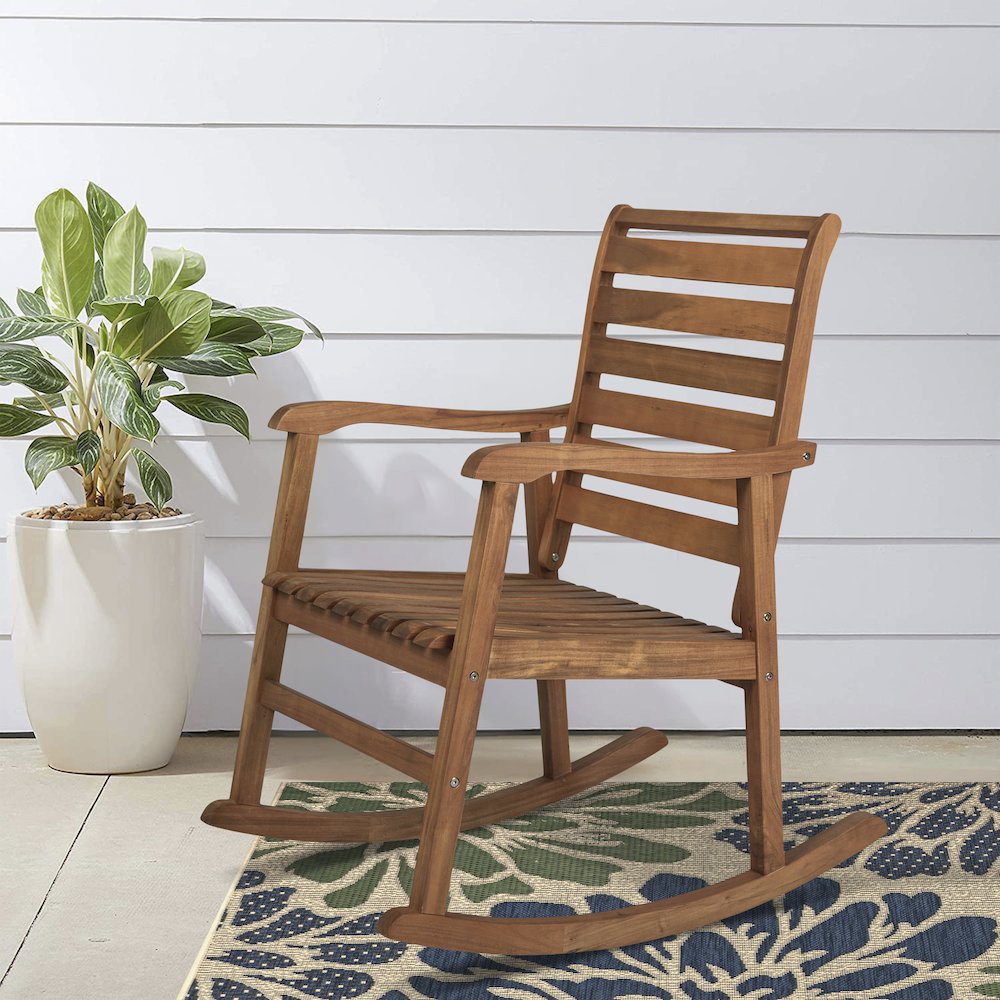 Carey Classic Solid Acacia Wood Slat-Back Outdoor Rocking Chair in Teak Finish. Picture 7