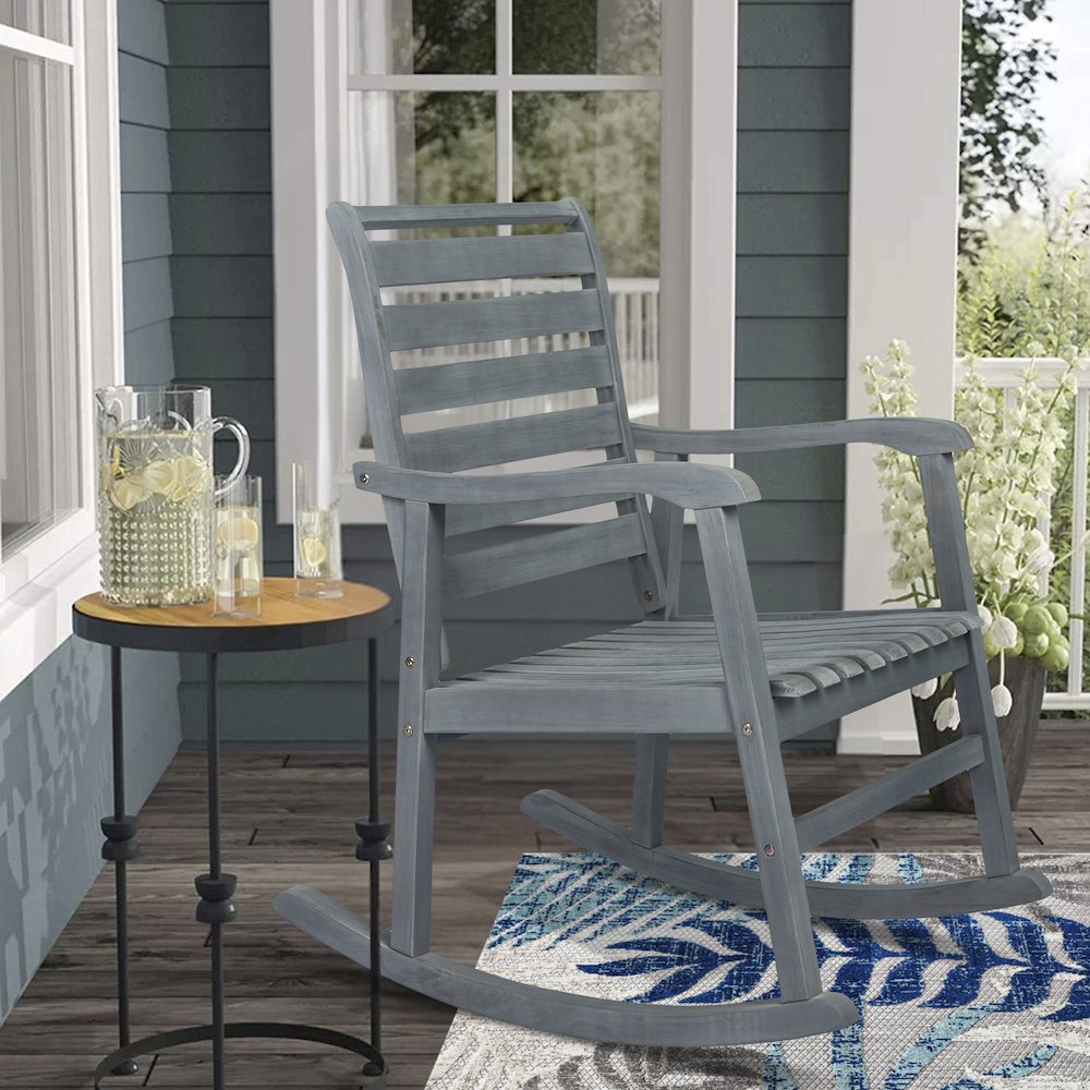 Carey Modern Slat Back Acacia Wood Patio Outdoor Rocking Chair. Picture 5