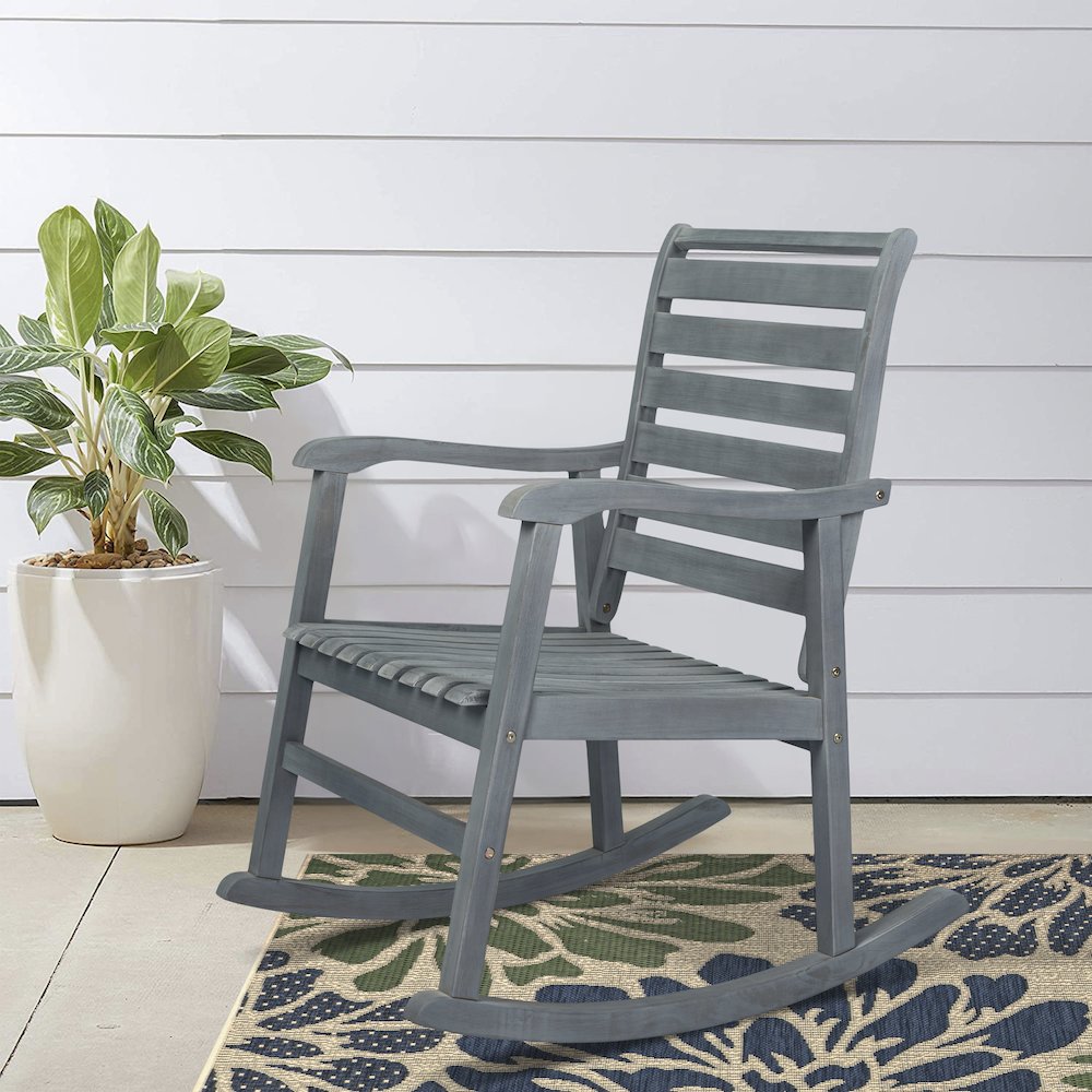 Carey Modern Slat Back Acacia Wood Patio Outdoor Rocking Chair. Picture 7