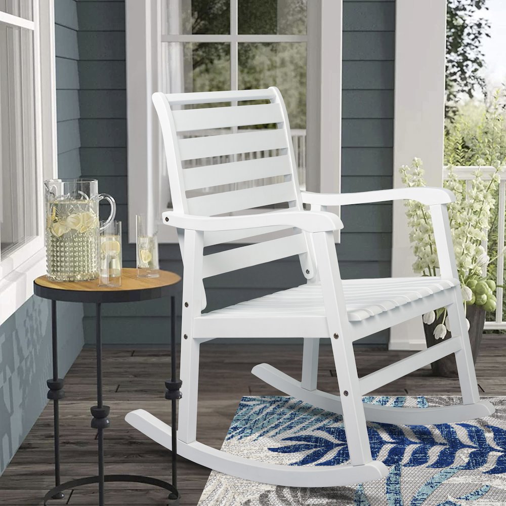Carey Classic Solid Acacia Wood Slat-Back Outdoor Rocking Chair in White Finish. Picture 5