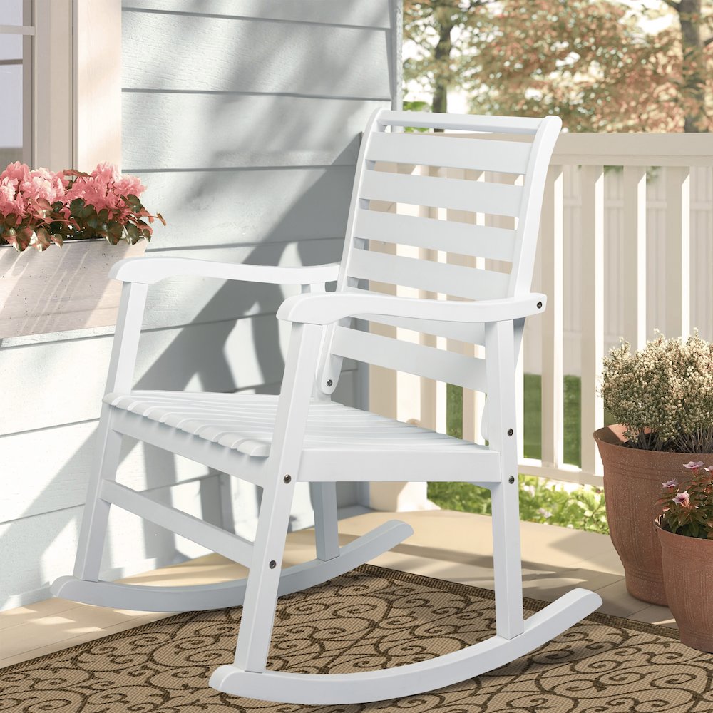 Carey Classic Solid Acacia Wood Slat-Back Outdoor Rocking Chair in White Finish. Picture 6