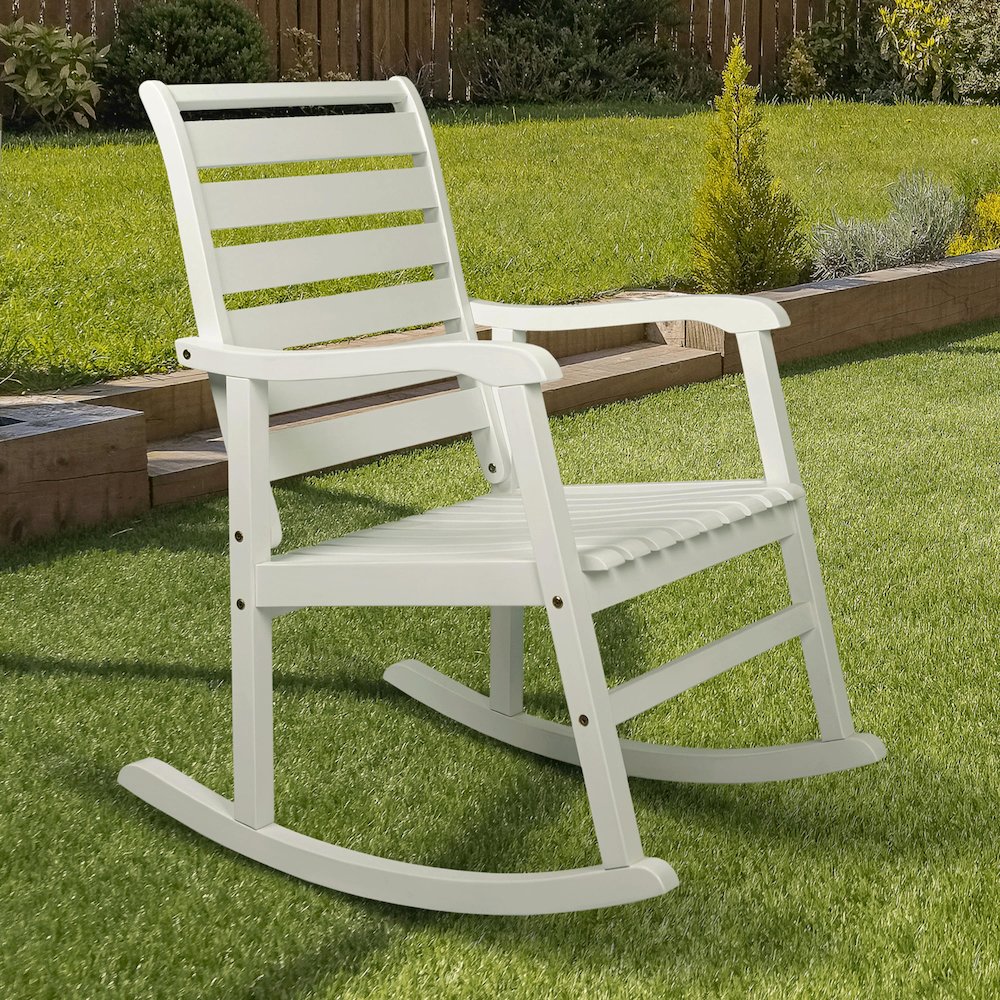 Carey Classic Solid Acacia Wood Slat-Back Outdoor Rocking Chair in White Finish. Picture 7