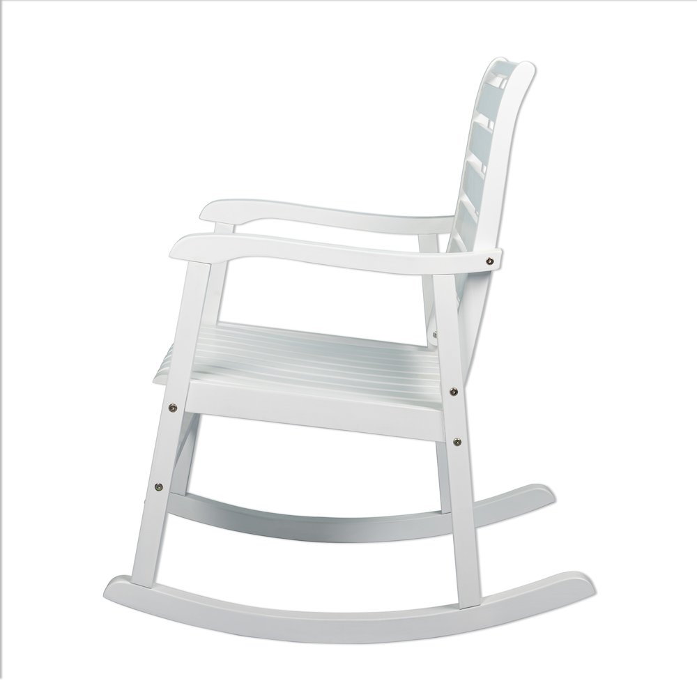 Carey Classic Solid Acacia Wood Slat-Back Outdoor Rocking Chair in White Finish. Picture 3