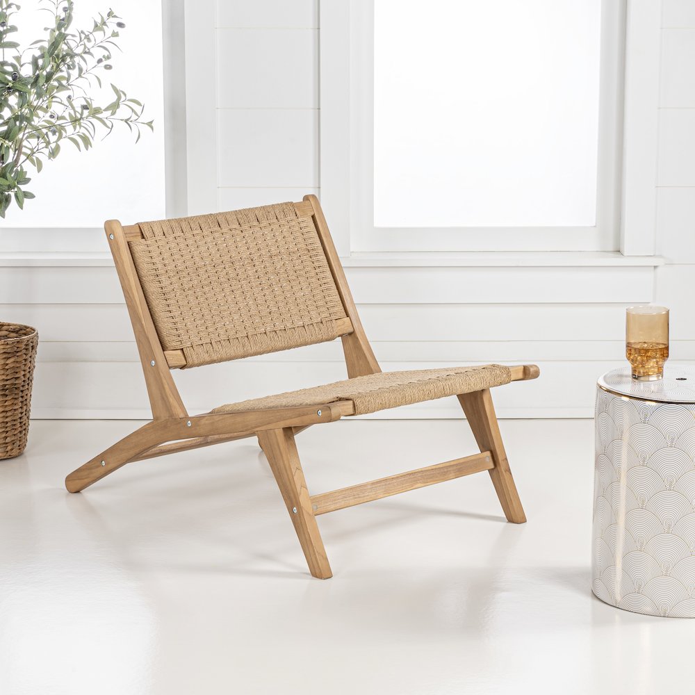 Parker Bohemian Armless Woven Yarn and Solid Indonesian Teak Wood Accent Lounge. Picture 1