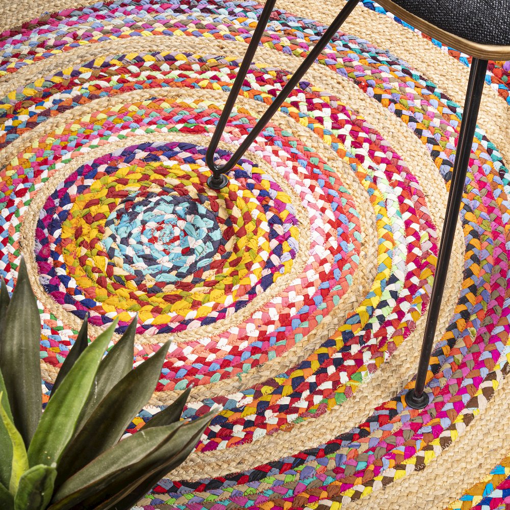 Isla Round Boho Braided Rag Jute Area Rug. Picture 4