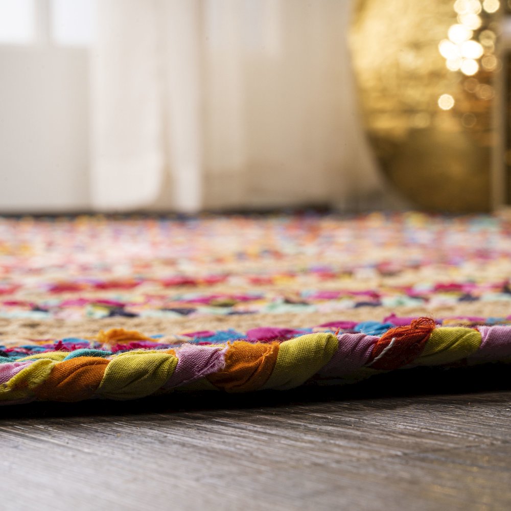 Isla Round Boho Braided Rag Jute Area Rug. Picture 6