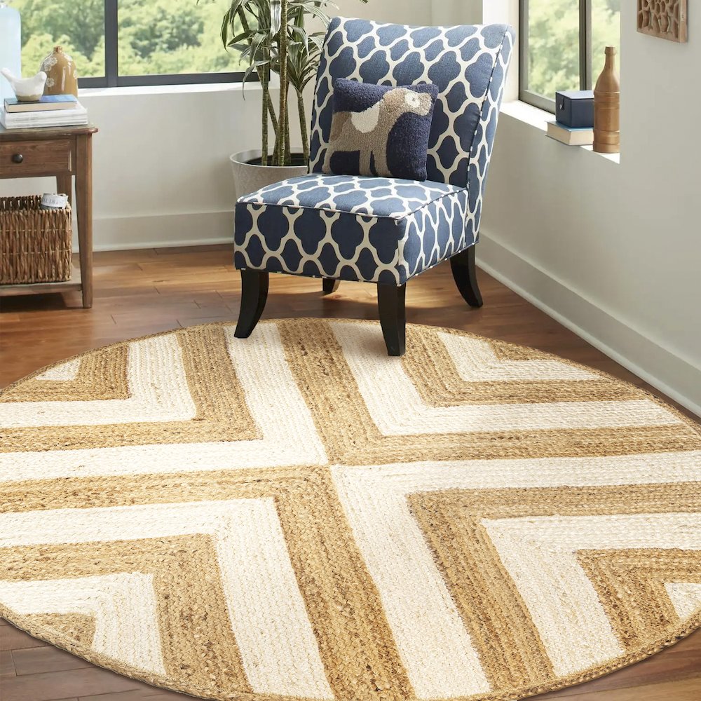 Piper Two Tone Chevron Round Jute Area Rug. Picture 6