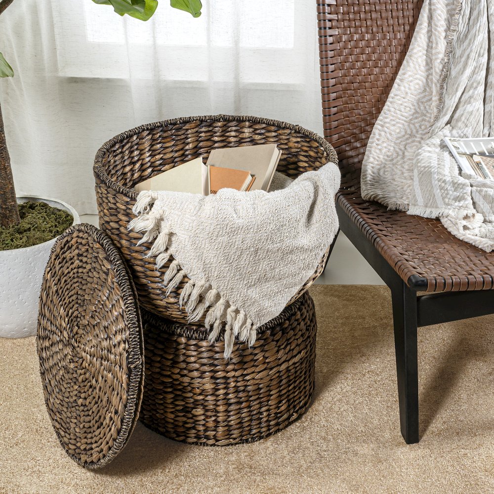 Bhola Hourglass Handwoven Hyacinth Storage Accent Table With Lid. Picture 1