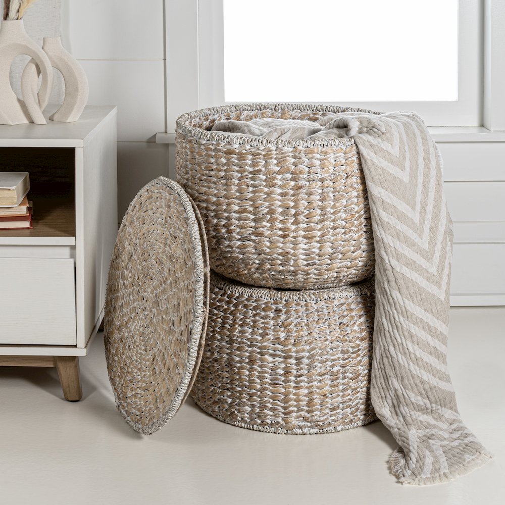 Bhola Hourglass Handwoven Hyacinth Storage Accent Table With Lid. Picture 1