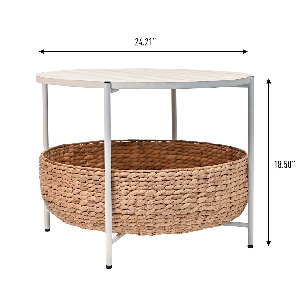 Round Acacia Wood/Water Hyacinth Coffee Table with Storage Basket, Natural/White. Picture 3