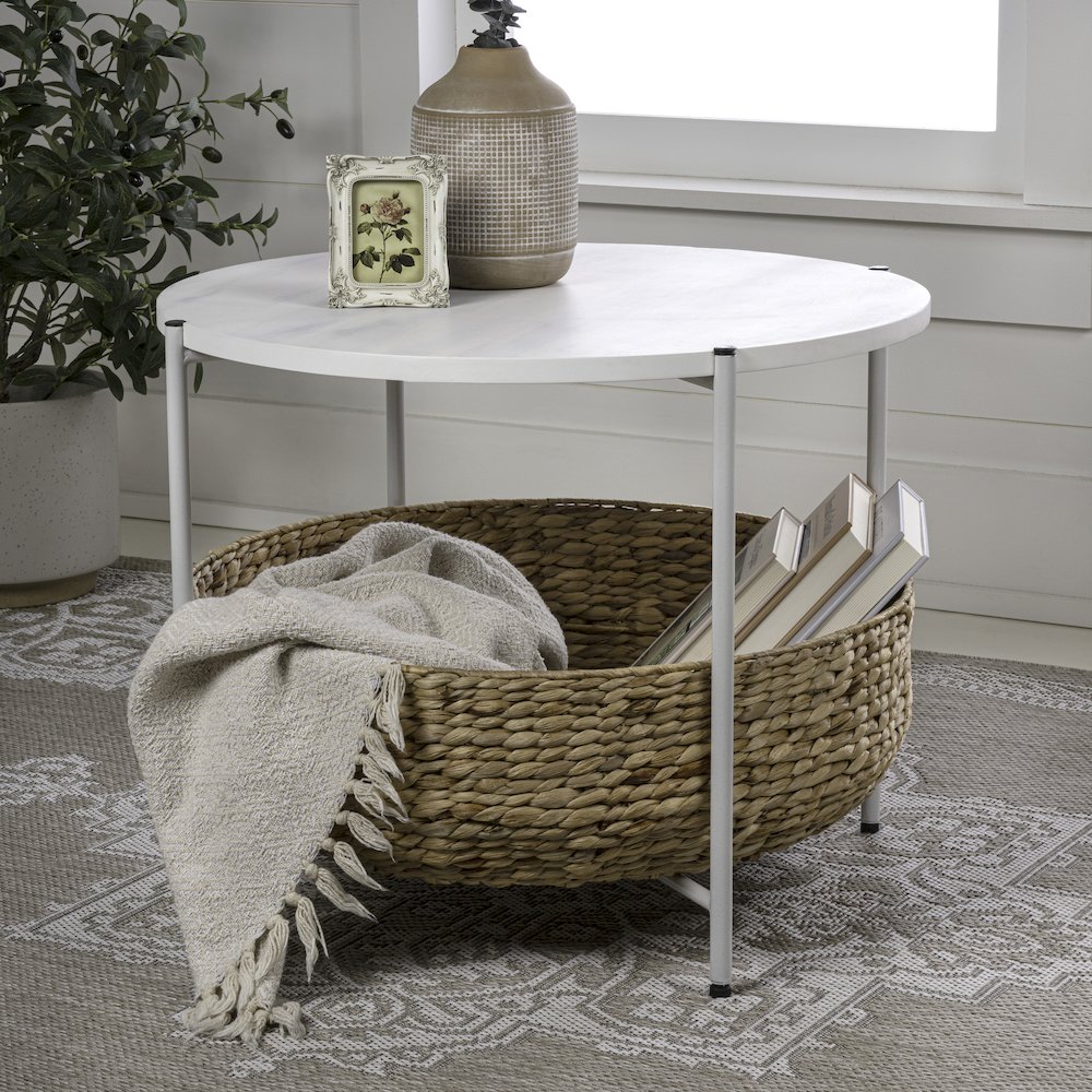 Round Acacia Wood/Water Hyacinth Coffee Table with Storage Basket, Natural/White. Picture 2