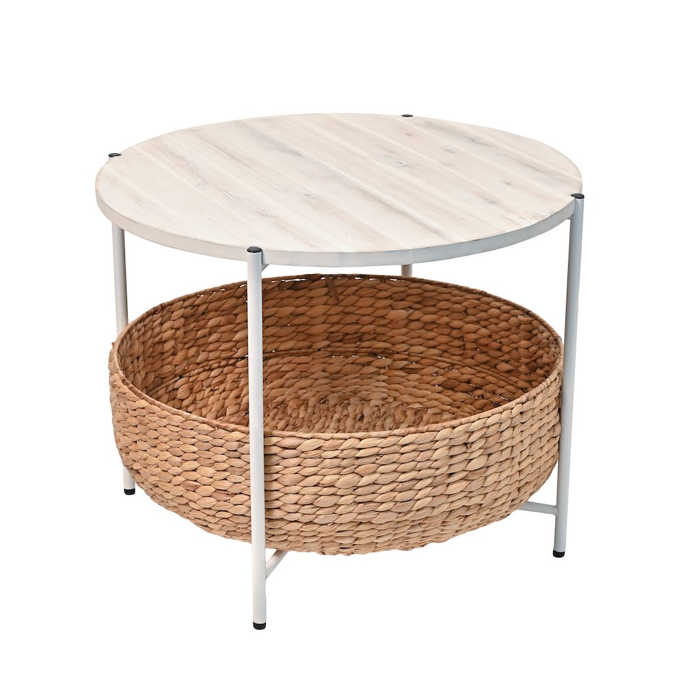 Round Acacia Wood/Water Hyacinth Coffee Table with Storage Basket, Natural/White. Picture 1