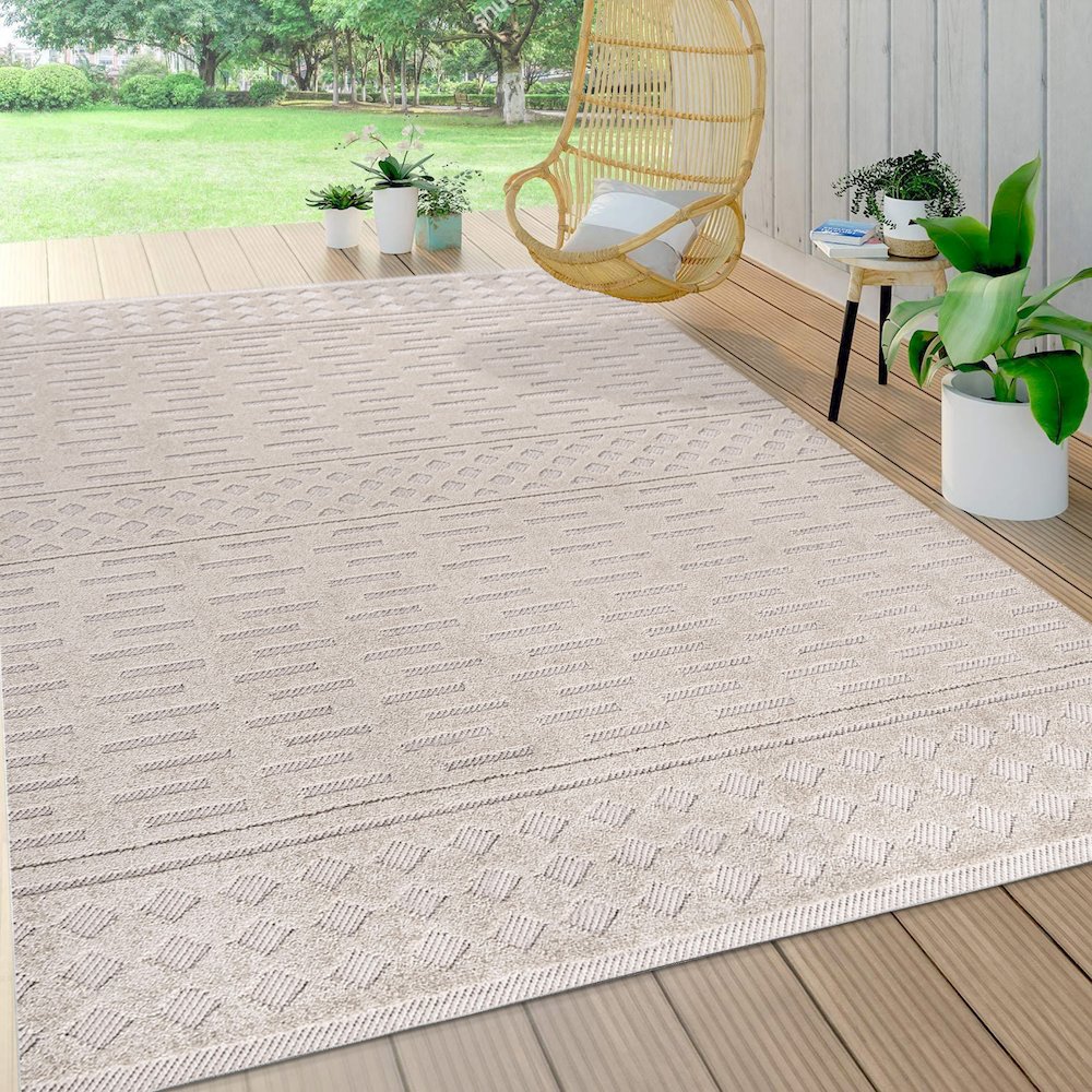 Xlendi High-Low Pile Moroccan Geometric Indoor/Outdoor Area Rug. Picture 5