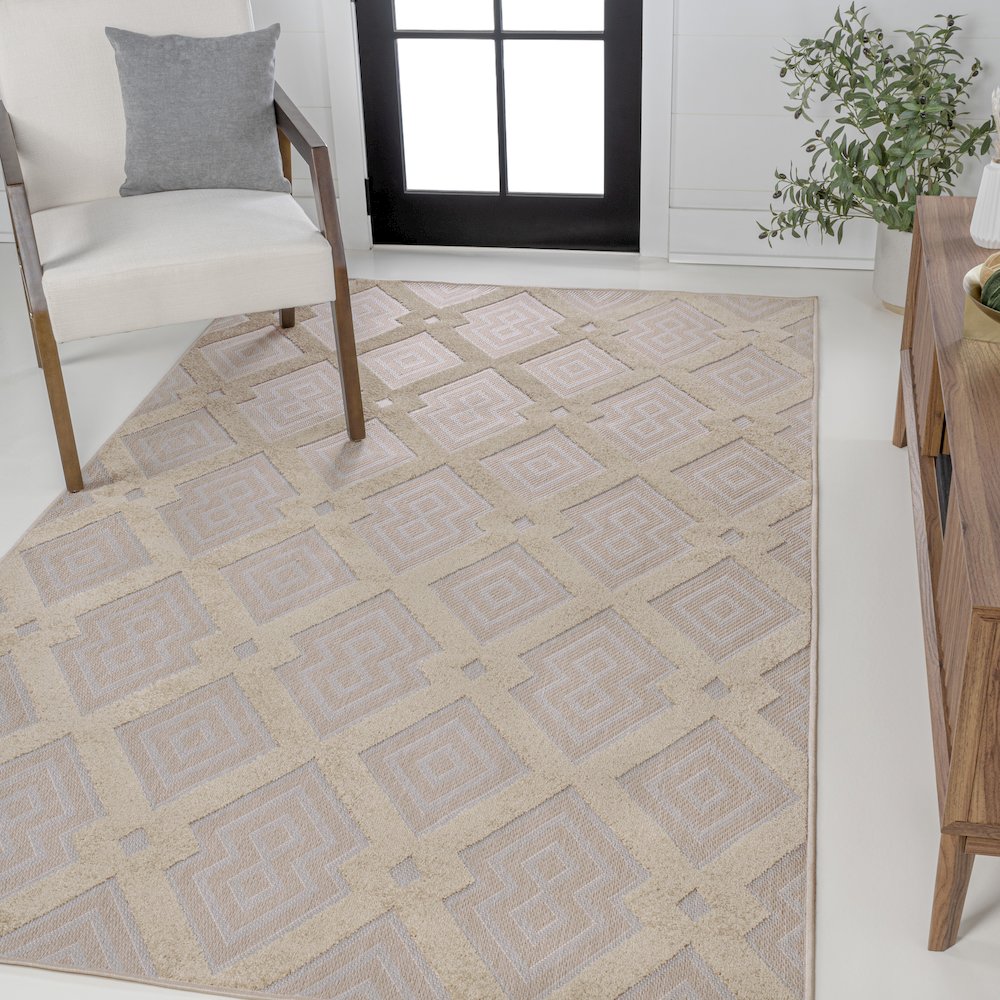 Duwun High-Low Pile Ogee Trellis Tone On Tone Indoor/Outdoor Area Rug. Picture 2