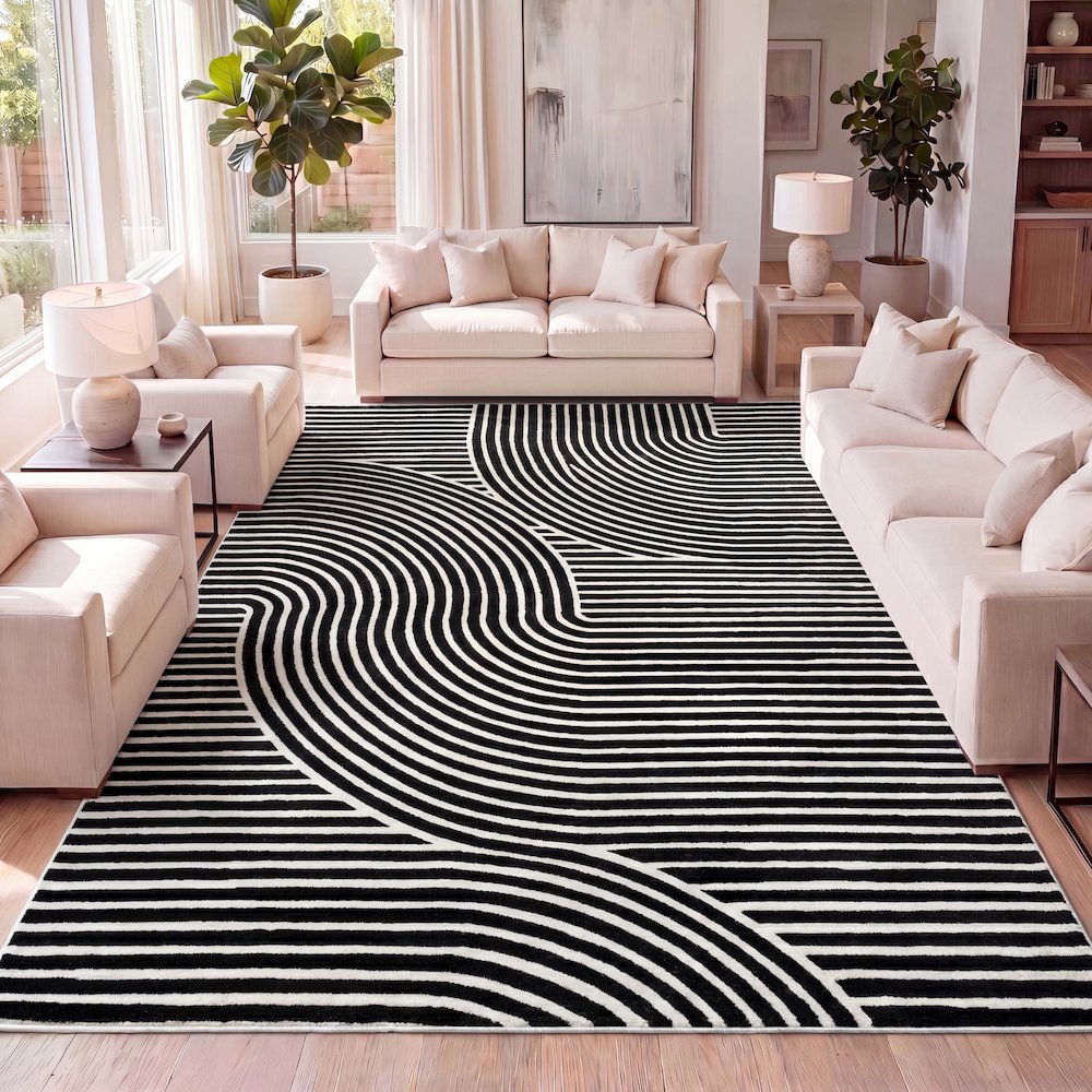 Hallie High-Low Minimalist Curve Geometric Black/White 5 ft. x 8 ft. Area Rug. Picture 6