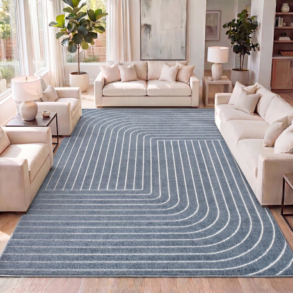 Minimalist Angle Geometric Dark Blue/Cream 5 ft. x 8 ft. Indoor/Outdoor Area Rug. Picture 7