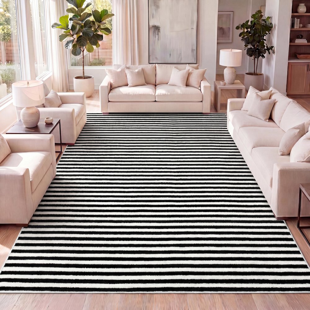Aarhus High-Low Minimalist Scandi Striped Black/White 5 ft. x 8 ft. Area Rug. Picture 6