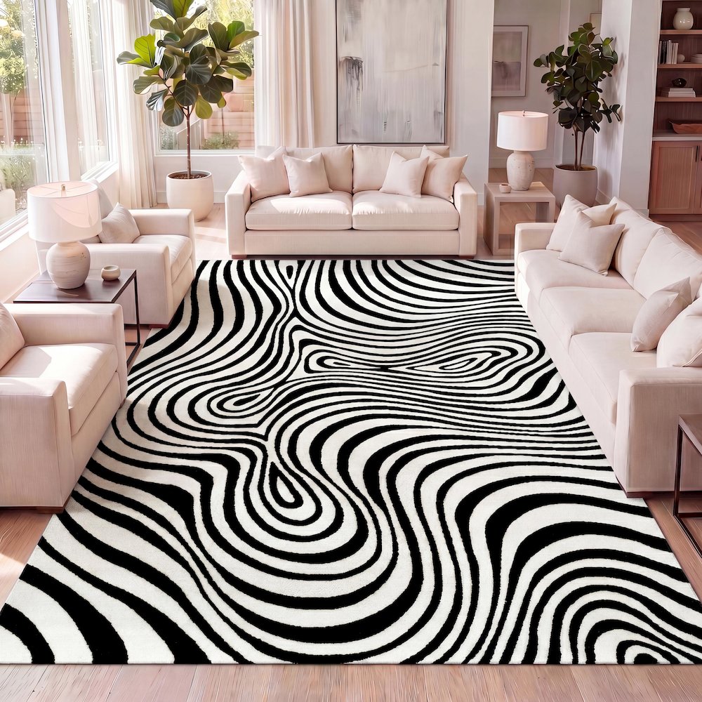 Maribo High-Low Abstract Groovy Striped Black/White 5 ft. x 8 ft. Area Rug. Picture 6