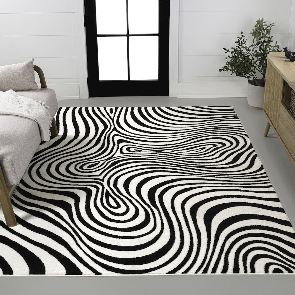 Maribo High-Low Abstract Groovy Striped Black/White 2 ft. x 8 ft. Area Rug. Picture 2