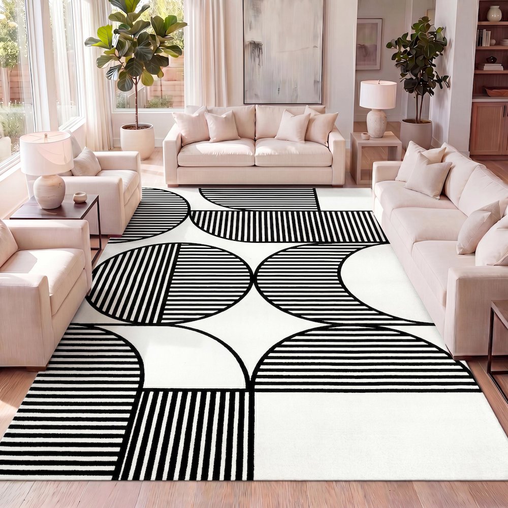 Nordby High-Low Geometric Arch Scandi Striped Black/White 5 ft. x 8 ft. Area Rug. Picture 6