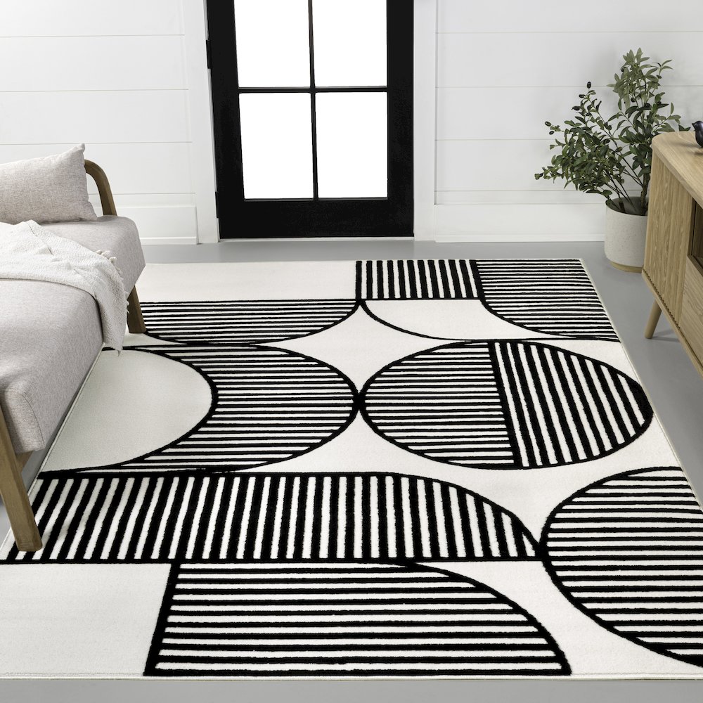 Nordby High-Low Geometric Arch Scandi Striped Black/White 2 ft. x 8 ft. Area Rug. Picture 2