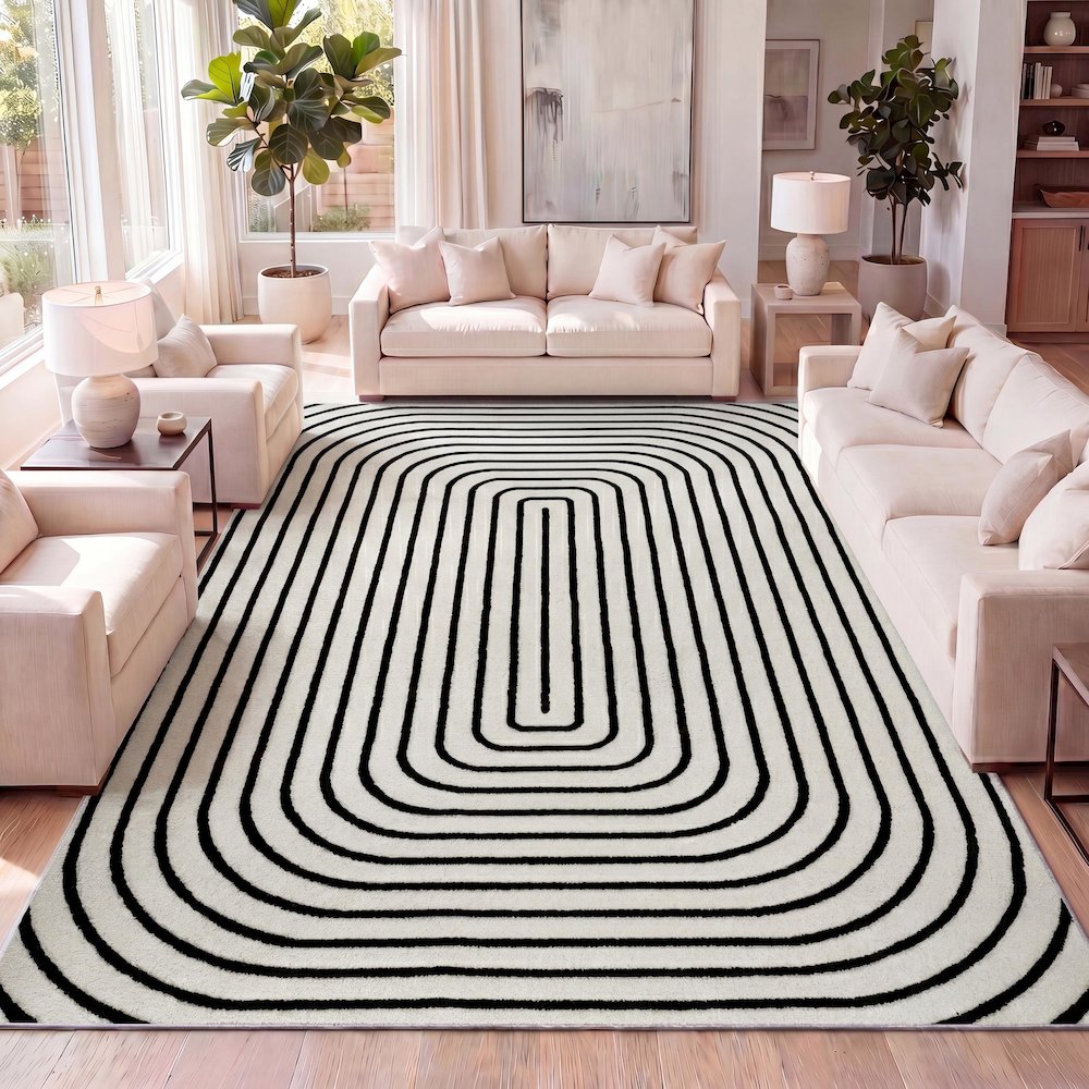 Freya Modern Scandinavian Arch Stripe Monotone High-Low Black/White Area Rug. Picture 6