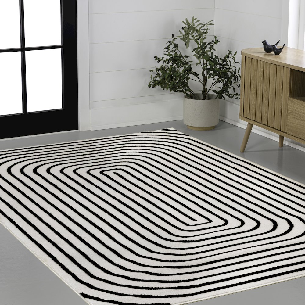 Freya Modern Scandinavian Arch Stripe Monotone High-Low Black/White Area Rug. Picture 3