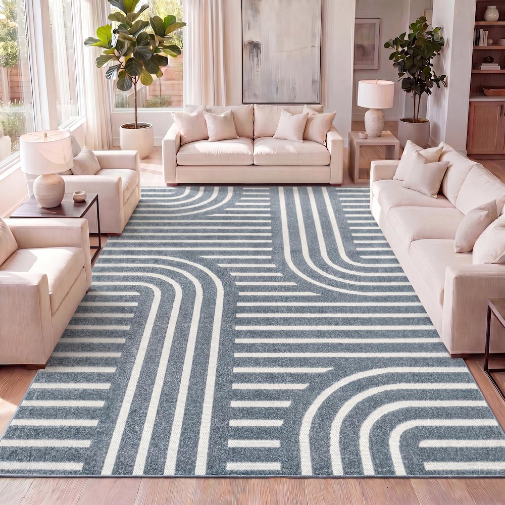 Anders High-Low MidCentury Modern Arch Stripe Two-Tone Indoor/Outdoor Area Rug. Picture 7