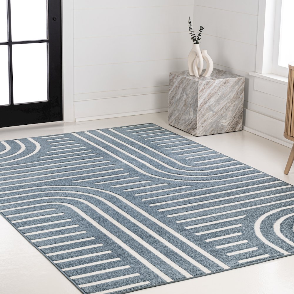 Anders High-Low MidCentury Modern Arch Stripe Two-Tone Indoor/Outdoor Area Rug. Picture 3