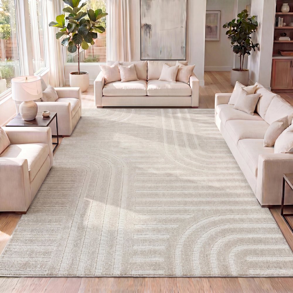 Anders High-Low MidCentury Modern Arch Stripe Two-Tone Indoor/Outdoor Area Rug. Picture 7