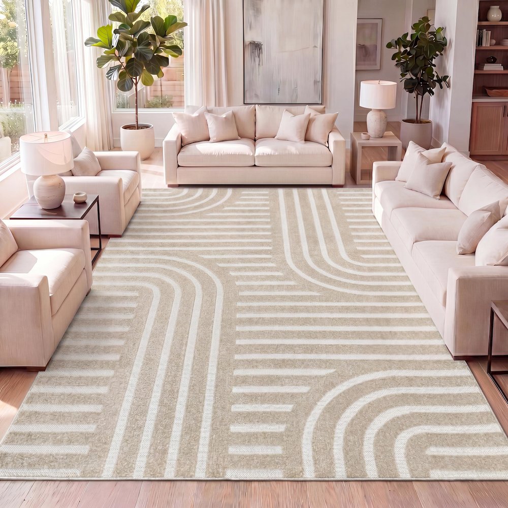 Anders High-Low MidCentury Modern Arch Stripe Two-Tone Indoor/Outdoor Area Rug. Picture 7