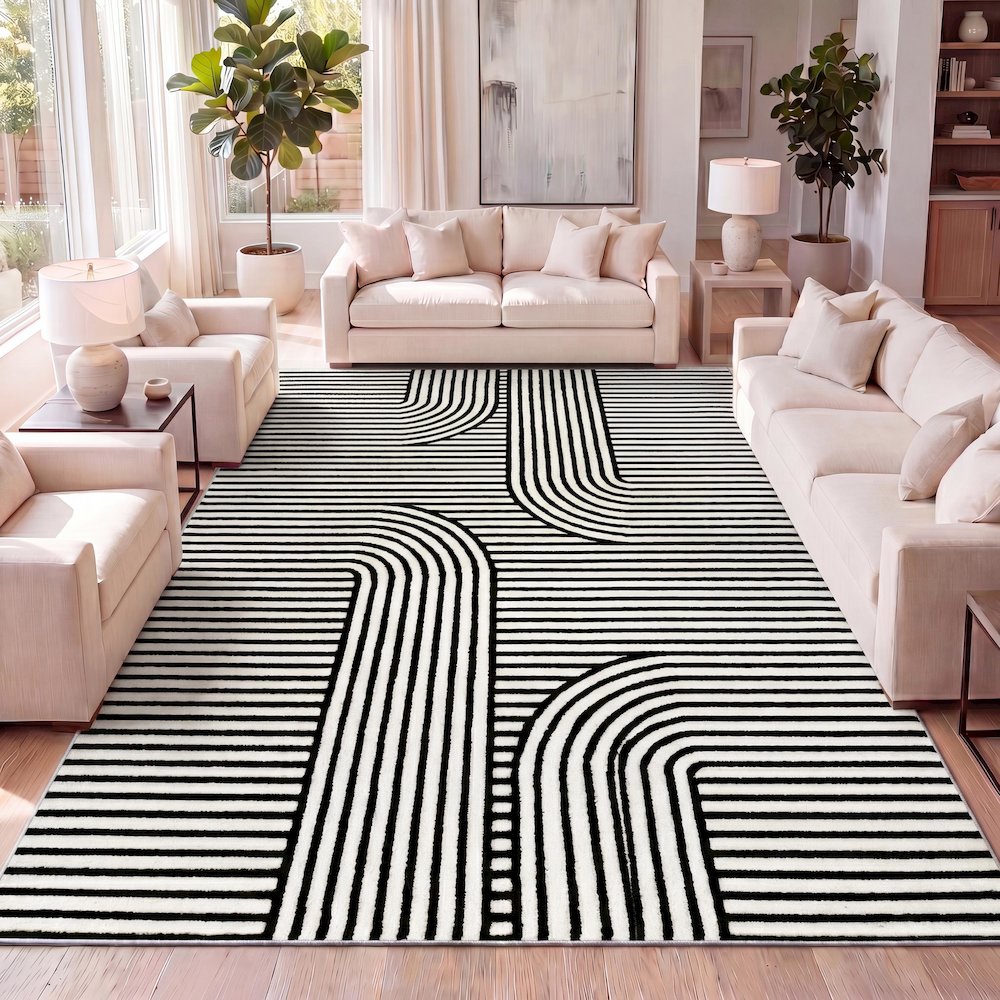 Anders MidCentury Modern Arch Stripe Two-Tone High-Low Black/White Area Rug. Picture 6